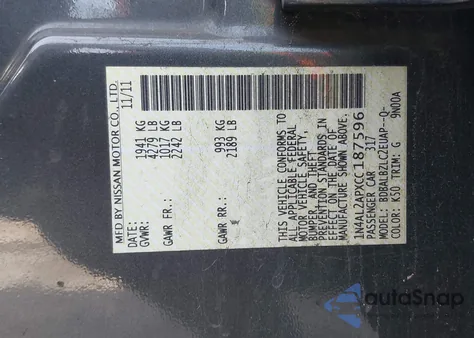 2012 Nissan Altima 2.5 S z USA, uszkodzony, nr VIN 1N4AL2APXCC187596